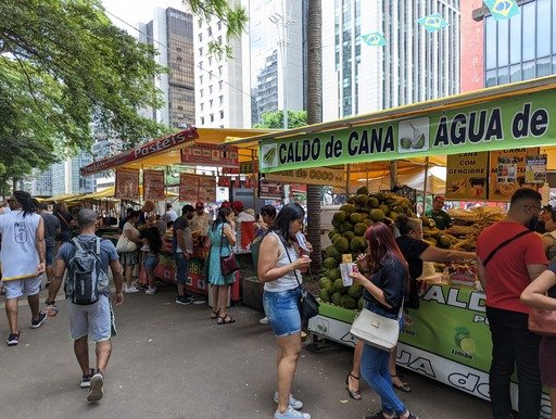 Avenida Paulista Market in Brazil on the weekend with food stores
